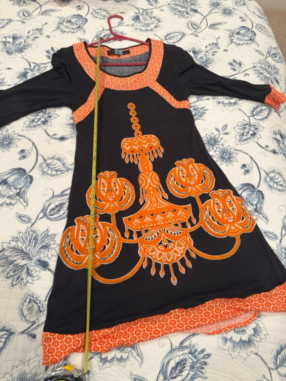 Eva Franco Navy Dress with Bold Orange Chandelier Motif 2